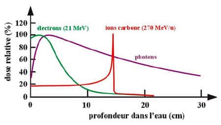 Pénétration de divers rayonnements : absorption rapide des électrons, plus lente des photons gamma et pic de Bragg du carbone © CNRS-IPN Lyon