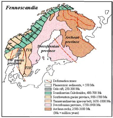 Carte géologique simplifiée de la Scandinavie. ©<em> Geological Survey of Finland</em>
