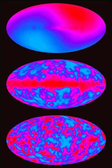 Les observations de Cobe au début des années 1990 avaient montré que le rayonnement fossile possédait un spectre de corps noir presque parfait. La dernière des images ci-dessus montre, en fausses couleurs, d'infimes fluctuations de températures modifiant très légèrement un spectre de corps noir parfait. Ces fluctuations sont une mine d'informations pour la physique et la cosmologie. © Nasa