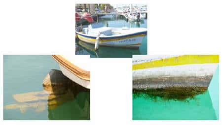 Toutes les surfaces immergées de cette petite barque de pêche sont colonisées, comme le moteur (photographie de gauche) ou l’avant de la coque (photographie de droite). © A. Simon-Levert