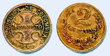 Deux Centavos 1921 de Colombie en cupronickel.