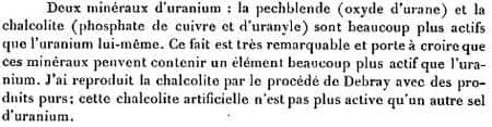 L’anomalie notée par Marie Curie, qui conduisit à la découverte du polonium et du radium (comptes-rendus à l’Académie des Sciences, 12 avril 1898)