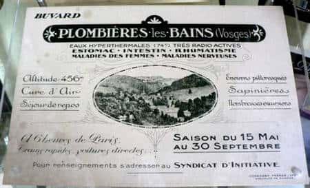 Buvard publicitaire vantant la radioactivité des eaux de Plombières (Musée Curie, Paris)