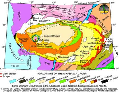 Géologie du bassin de l’Athabasca. Les filons majeurs d’uranium sont situés sur les carrés rouges, et les campagnes de prospection sur les ronds de même couleur. © DR
