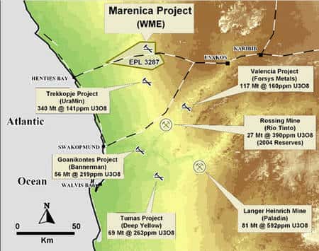 Carte des projets miniers concernant l’uranium en Namibie. Les mines sont distinguées des projets par un cercle. © DR