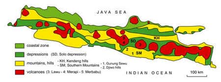 Carte géologique simplifiée de l’île de Java. © Semenanjung, MQPI
