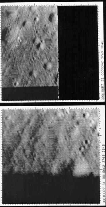 Les deux dernières images de Ranger 7, prises depuis 1.070 et 519 mètres de la surface, 0,39 et 0,19 seconde avant l'impact. Crédit Nasa