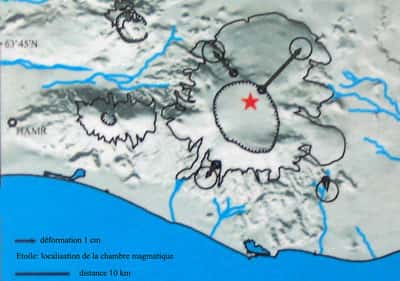 Carte du Vatnajökull, déformations entre 2001 et 2003 mesurées par GPS. © DR