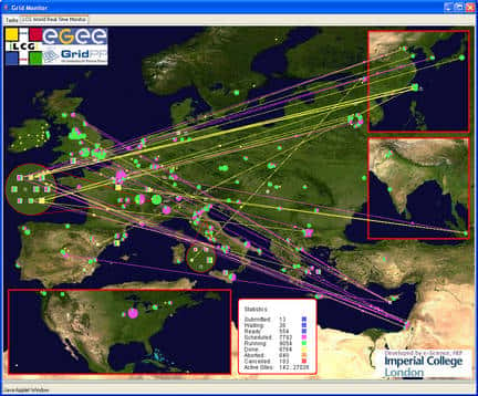 Une carte du réseau d'ordinateurs de la grille connectés pour étudier 300.000 médicaments possibles pour lutter contre la grippe aviaire. © Cern