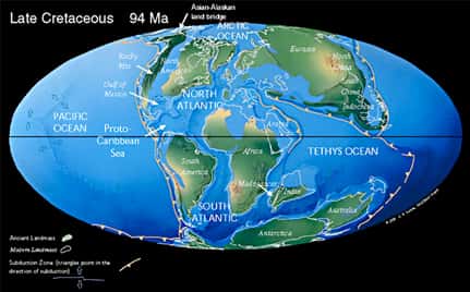 Figure 18 : Paléogéographie des continents au Crétacé supérieur (Turonien, 90 millions d’années). 