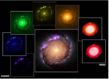 Figure 11 : Cette figure montre l’évolution de la forme de la galaxie NGC 1512 de l’ultraviolet (en bas et à gauche) à l’infrarouge (en bas et à droite). Seules les étoiles jeunes et massives sont visibles en ultraviolet, ce qui produit une forme très irrégulière. Dans le visible, les étoiles de masse intermédiaire du disque et du bulbe laisse apparaître la classique forme spirale. Dans l’infrarouge, les étoiles rouges du bulbe sont prédominantes.