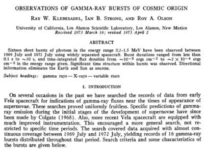 Page de couverture de l’article paru dans une revue scientifique faisant état de la découverte de flashs particulièrement intenses de rayons gamma dont l’origine n’est ni terrestre ni solaire ! (Cliquez en bas à droite de l'image pour l'agrandir.)