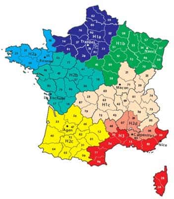 La réglementation thermique 2005partage la France non plus en trois zones climatiques mais la subdivise en huit, de la plus froide à la plus chaude : H1a, H1b, H1c ; H2a, H2b, H2c, H2d ; H3.© Ademe