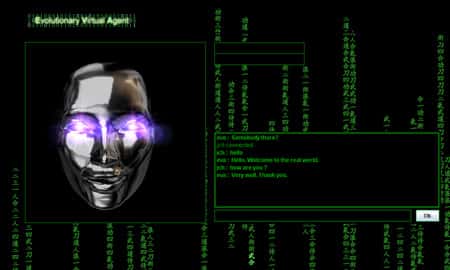 Exemple d'intelligence artificielle : une interface pour le projet Eva (<em>Evolutionary Virtual Agent</em>) sous la forme d'une IA futuriste inspirée par le courant cyberpunk. © DR