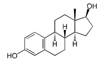 Structure de la molécule d'oestradiol.<br />L'oestradiol est présent dans le THS.<br />Source : Wikimedia Commons, domaine public.
