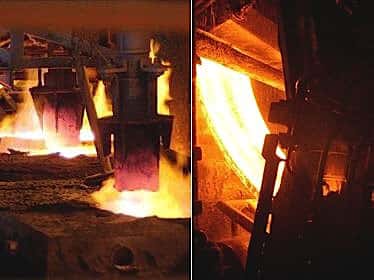 À gauche : coulée d’acier liquide au début du processus. À doite : brame d’acier en cours de solidification en bas de la coulée continue. © Arcelor Mittal