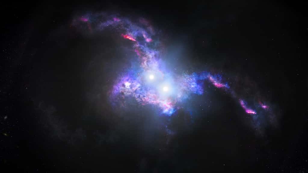 Une vue d'artiste d'une paire de quasars en collision. © Nasa, ESA, and J. Olmsted (STScI)