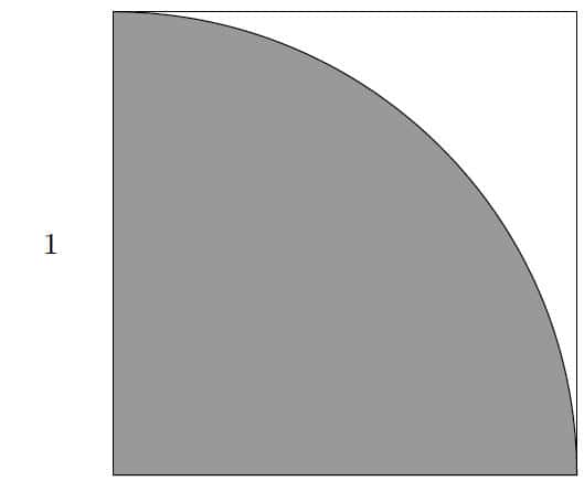  Représentation de l’arc de cercle dans un carré. La surface grisée équivaut à Π/4. © Dumoulin et Thouin, <em>arXiv</em>