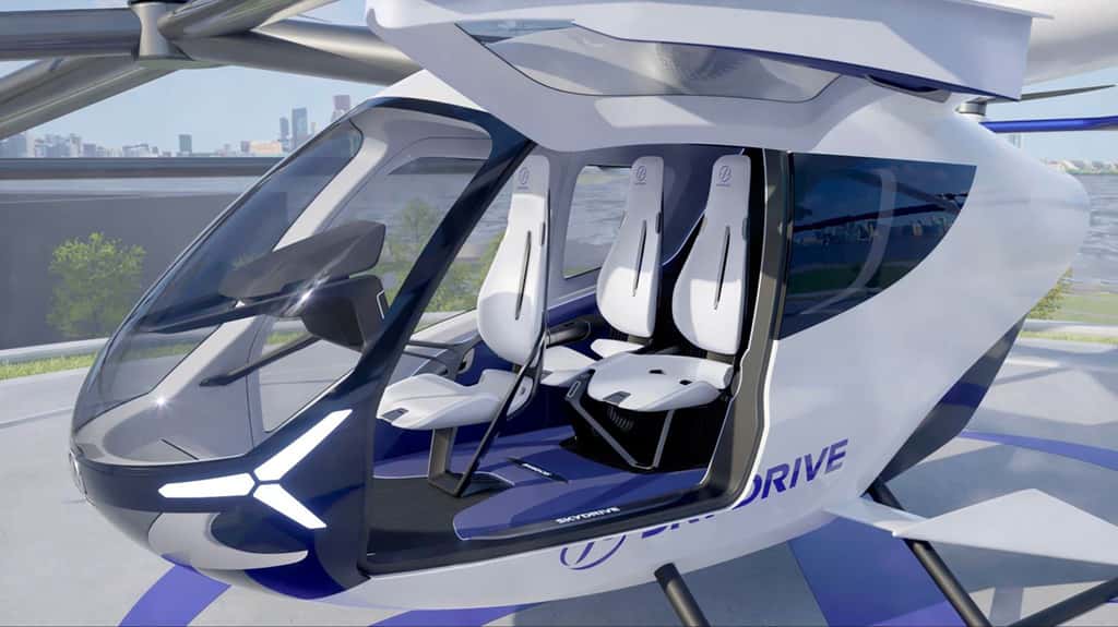 Vue d'artiste de l'eVOLT de Skydrive dimensionné pour transporter deux personnes, en plus du pilote. © Skydrive
