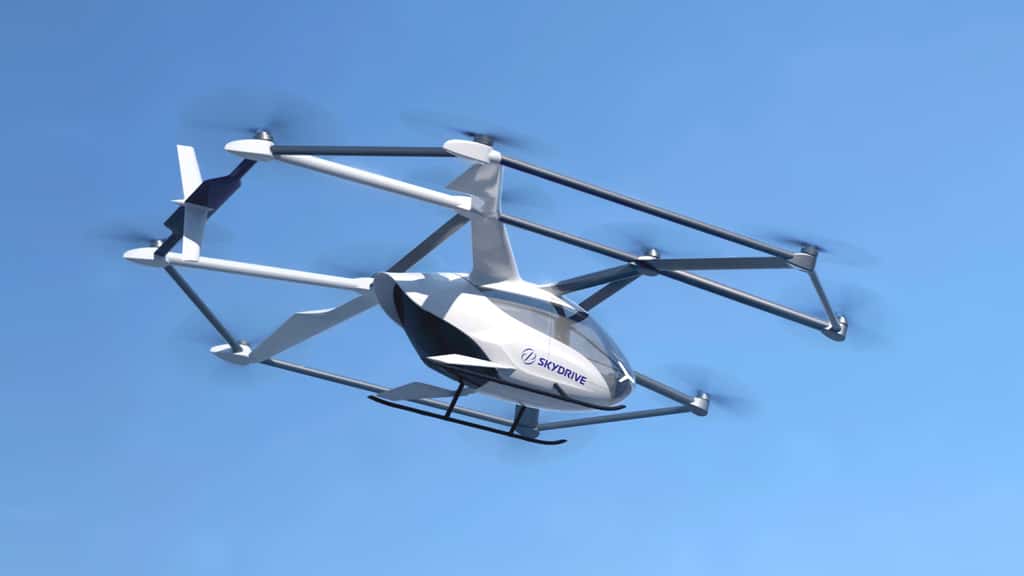 Doté de 12 moteurs électriques, entraînant autant de rotors, le Skydrive est capable de voler à 100 kilomètres par heure. © Skydrive