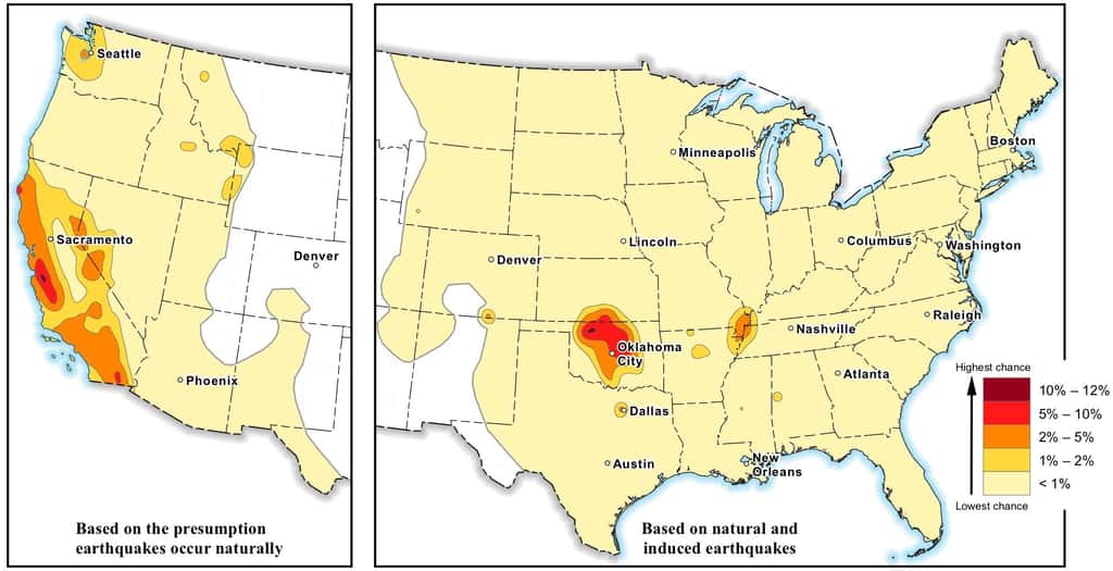 La carte des risques de dommages en 2016, avec des probabilités allant de 1 % à 12 % (le code couleur est à droite). Pour les États de l'ouest (carte de gauche), seuls sont pris en compte les séismes d'origine naturelle, tandis que les risques dus aux sites de fracturation hydraulique sont indiqués aussi pour les États du centre et de l'est (carte de droite). (Cliquez sur l'image pour l'agrandir.) © USGS
