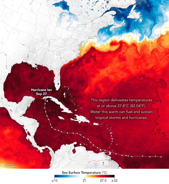 La température de l'eau atteint les 32°C le long de la Floride et fournit l'énergie à l'ouragan Ian. © NASA