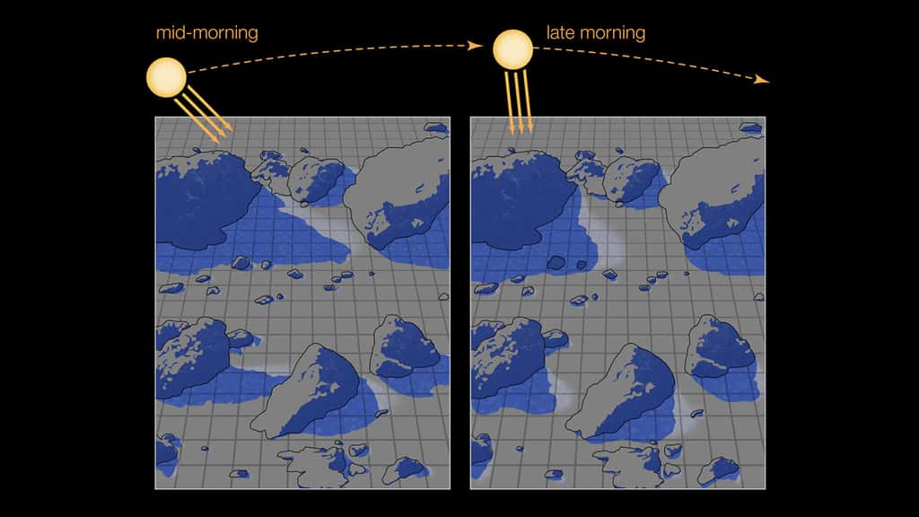 Cette illustration fait un zoom sur la zone encadrée indiquée sur la photo précédente, montrant comment les ombres permettent à la glace d'eau de survivre sur la surface lunaire éclairée par le Soleil. Lorsque les ombres se déplacent alors que le Soleil passe au-dessus du zénith, le givre exposé persiste suffisamment longtemps pour être détecté par les engins spatiaux. © Nasa, JPL-Caltech