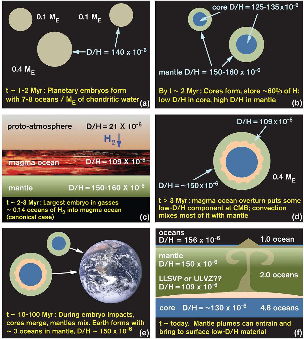 Le nouveau scénario de l'origine de l'eau, voir les commentaires ci-dessous ( M<sub>E</sub> =Mass<sub> Earth</sub>=masse de la Terre ). Il repose sur l'existence pendant quelques millions d'années d'un disque protoplanétaire riche en gaz où sont nées les planètes. © J. Wu, S Desch/ASU