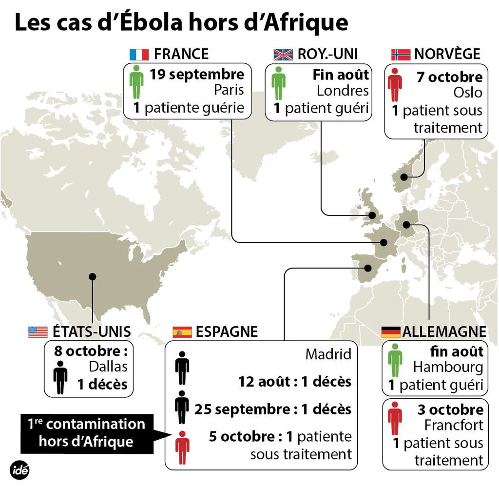 Des virus Ébola ont pris l'avion. Venues d'Afrique de l'ouest, des personnes infectées ont été repérées et soignées, souvent avec efficacité. Un premier cas de contamination hors Afrique eu lieu au début du mois d'octobre, en Espagne, suivi de deux autres, au Texas. © Idé