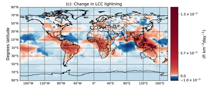 En rouge, les zones du monde qui seront les plus touchées par l'augmentation des éclairs dits « chauds ». © nature.com