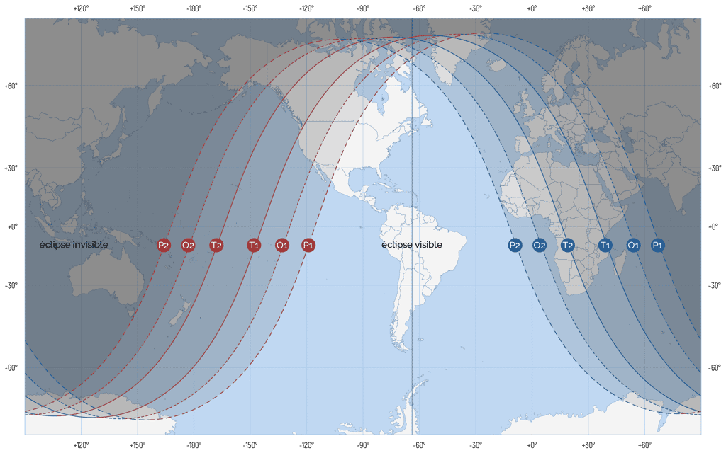Carte des zones de visibilité de l'éclipse. © IMCCE