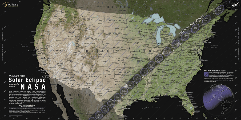 L'éclipse solaire totale sera visible le long d'une étroite bande qui s'étire du sud-ouest au nord-est. © <em>Nasa's Scientific Visualization Studio</em>
