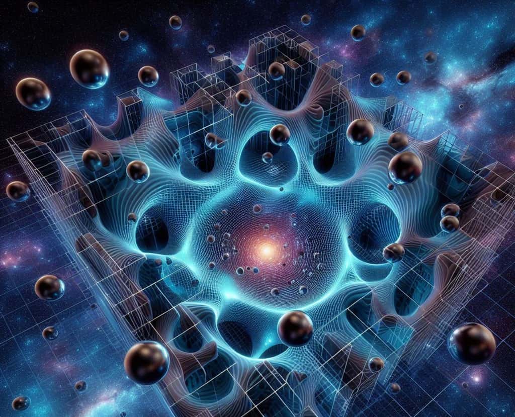 Une vue de l'IA de la structure en écume de l'espace-temps en gravitation quantique avec des trous noirs virtuels apparaissant et disparaissant par fluctuation quantique. © IA BING Designer Microsoft Corporation    