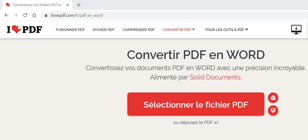 Choix d’un PDF à convertir au format Word de Microsoft. © ILovePDF