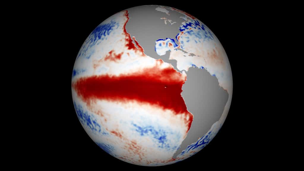 El Niño est ici visible avec l'anomalie chaude (en rouge) des températures du Pacifique équatorial. Cette chaleur de l'eau de l'océan impacte la météo de nombreuses régions du monde. © NASA