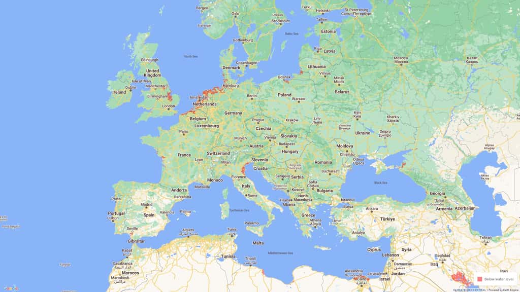 Carte de l'Europe montrant une projection des territoires recouverts par une élévation du niveau des mers de 3 m. © Coastal Climate Central