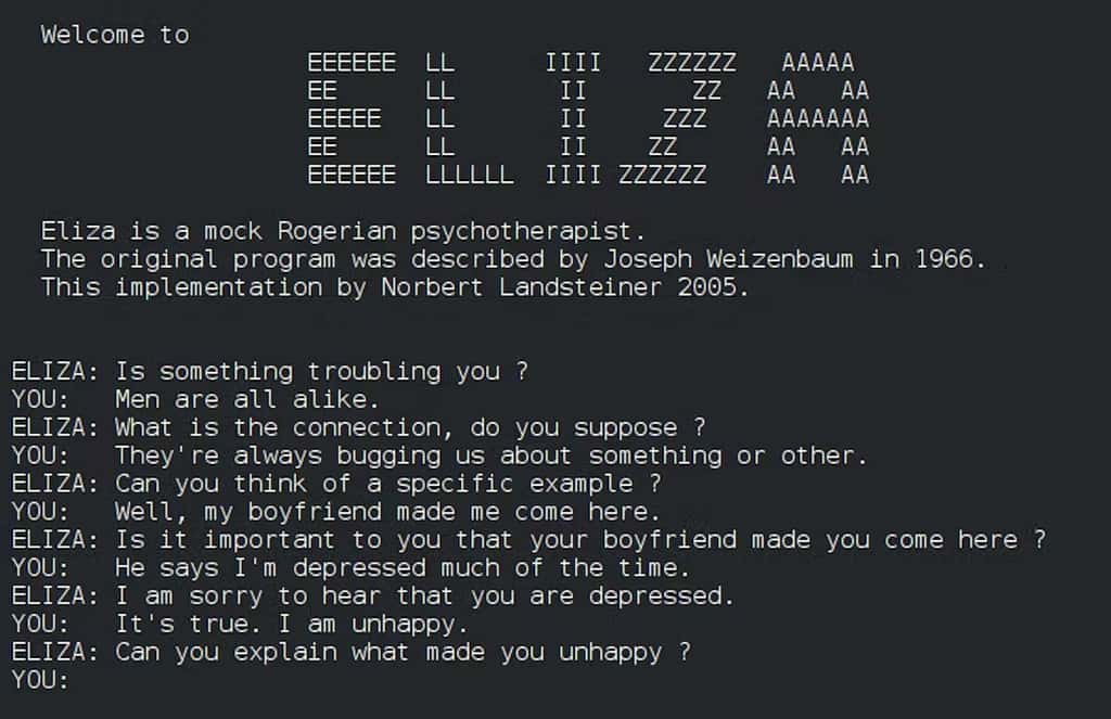 Le premier logiciel de dialogue ou chatbot est Eliza, conçu en 1966 pour simuler un psychothérapeute. © DR 