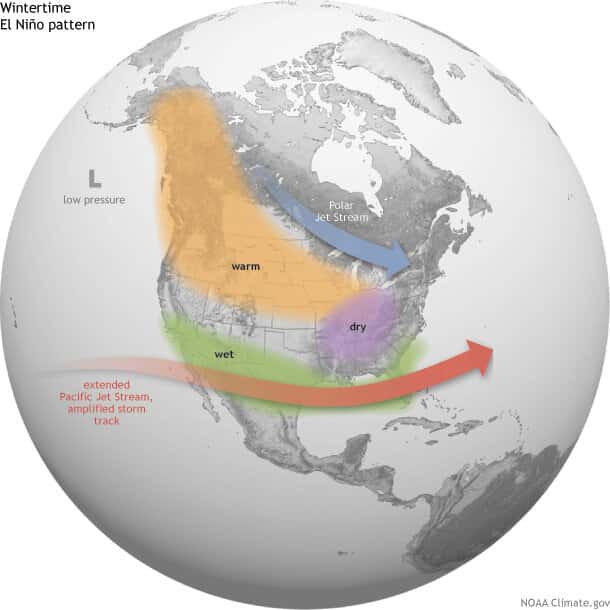 L'impact d'El Niño sur les États-Unis : plus humide à l'ouest, plus chaud au nord-ouest et plus sec à l'est. © NOAA