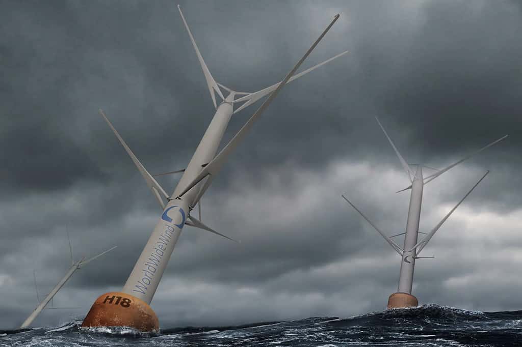  Ces éoliennes flottantes à axe vertical utilisent un système de deux turbines qui tournent en sens inverse. © World Wide Wind (WWW)