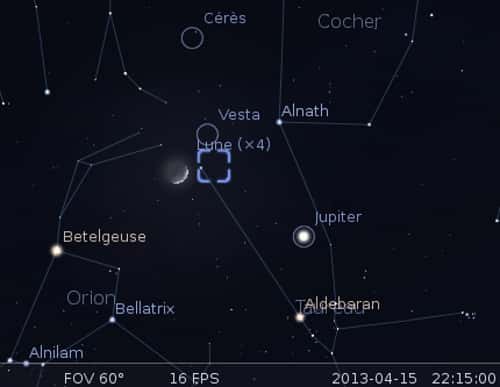 La Lune en rapprochement avec Vesta, la nébuleuse du Crabe et Alnath