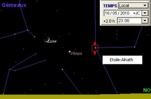 La Lune est en rapprochement avec la planète Vénus, l'étoile Alnath, et la Nébuleuse du Crabe