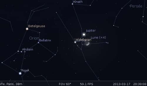 La Lune en rapprochement avec Jupiter, Aldébaran et les Pléiades