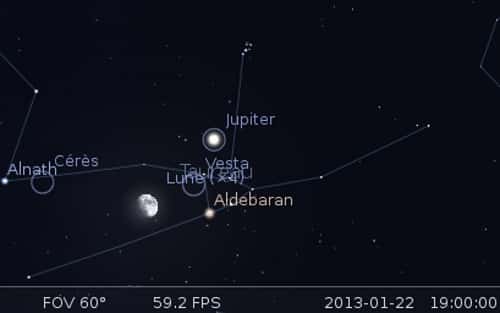 La Lune en rapprochement avec Cérès, Vesta et Aldébaran