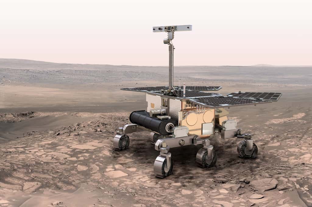 Le rover européen de 2018 sondera le sol martien à l'aide d'un radar et réalisera des forages pour prélever des échantillons jusqu’à deux mètres de profondeur. © Esa