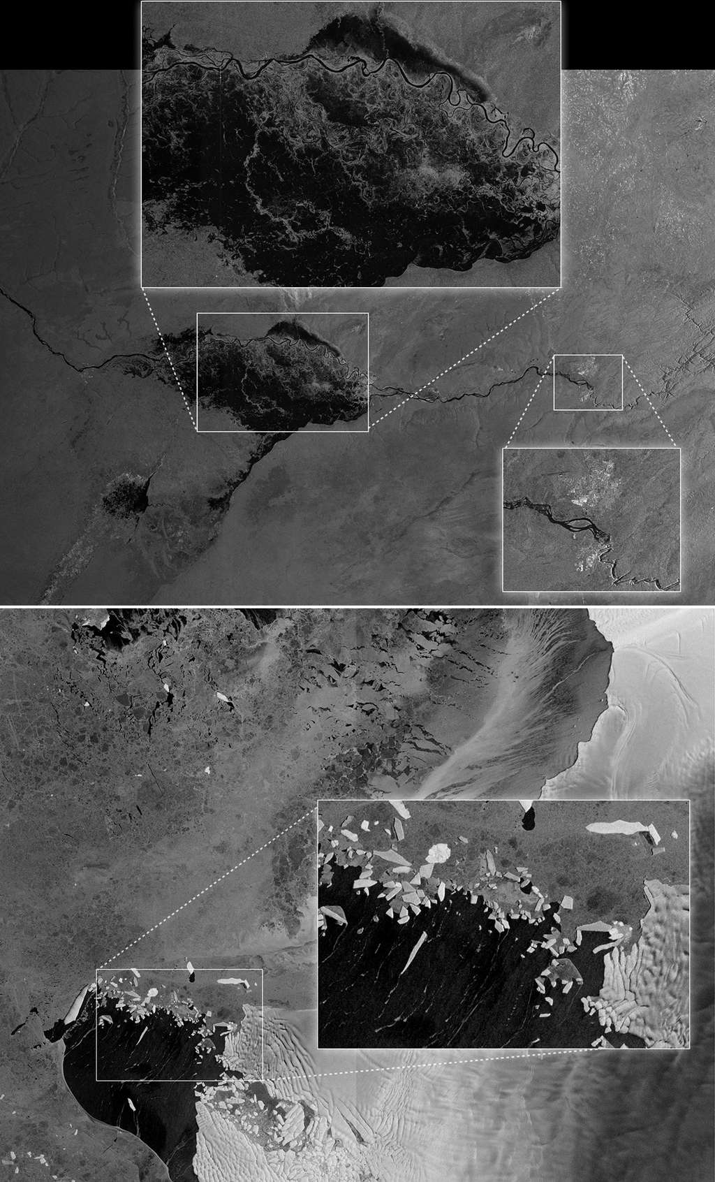 Deux des quatre premières images radar du satellite Sentinel 1A. En haut, une zone en Namibie qui est actuellement inondée par le Zambèze et en bas, l’île du Pin et le glacier de Thwaites en constant retrait. © Esa