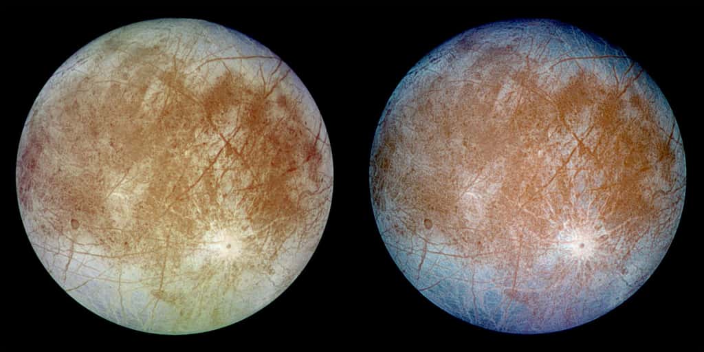 Europe, une lune de Jupiter, vue par la sonde Galileo de la Nasa en septembre 1996. Cette sonde est la seule à avoir survolé ce satellite à plusieurs reprises. L'image de gauche montre les couleurs qui s'approchent le plus de la réalité. © Nasa