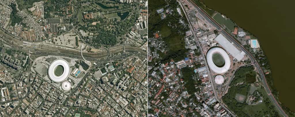 À gauche, le stade de Maracana (Rio de Janeiro) et à droite le Beira-Rio situé dans la ville de Porto Allegré. @ Cnes 2014/Distribution Astrium Services/Spot Image S.A.