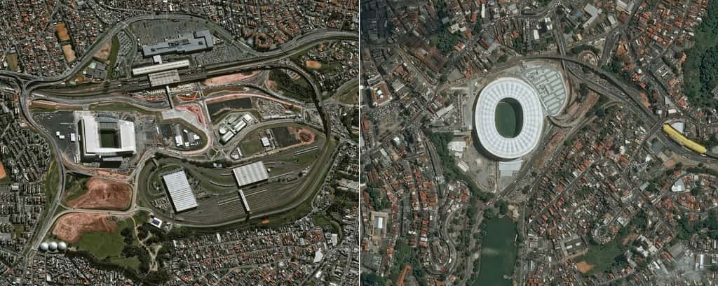 De gauche à droite, les stades de São Paulo (Arena Corinthians) et de Salvador (Fonte Nova). @ Cnes 2014/Distribution Astrium Services/Spot Image S.A.