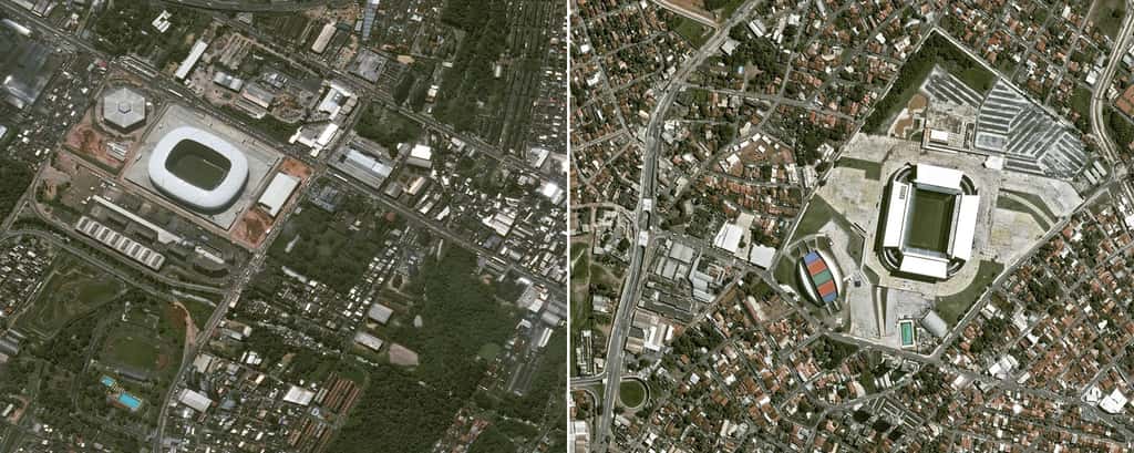 À gauche, l'Arena Amazônia de Manaus et à droite le stade Pantanal de la ville de Cuiabá. @ Cnes 2014/Distribution Astrium Services/Spot Image S.A.