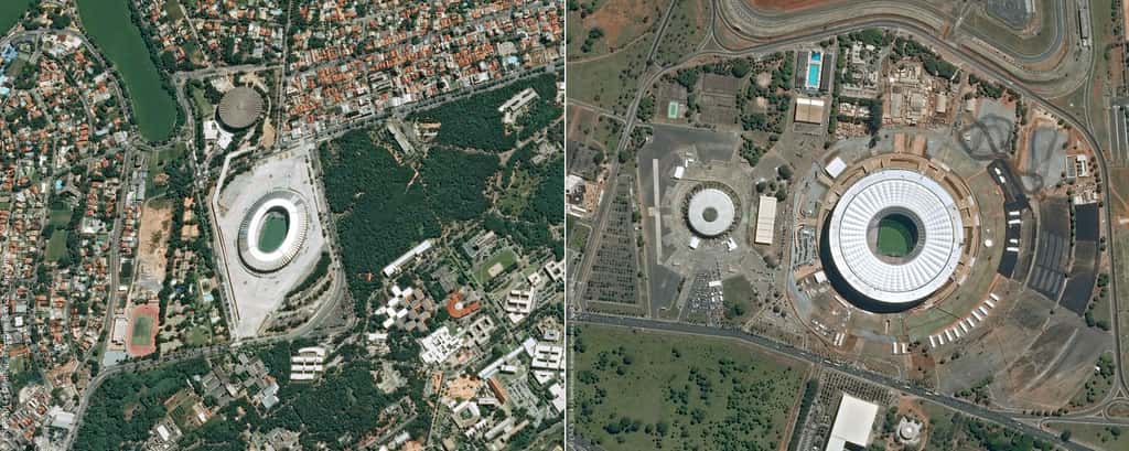 Le stade Mineirão de Belo Horizonte et celui de de Brasilia (Estádio Nacional). @ Cnes 2014/Distribution Astrium Services/Spot Image S.A.